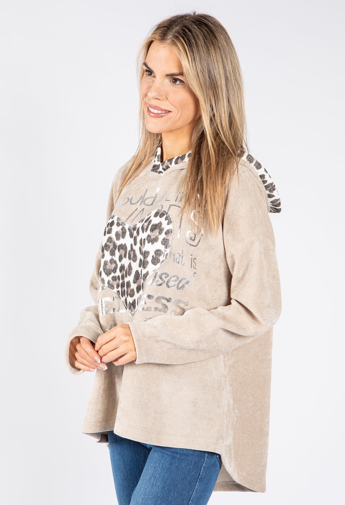 Soft Touch Leo Print Detail Hoodie