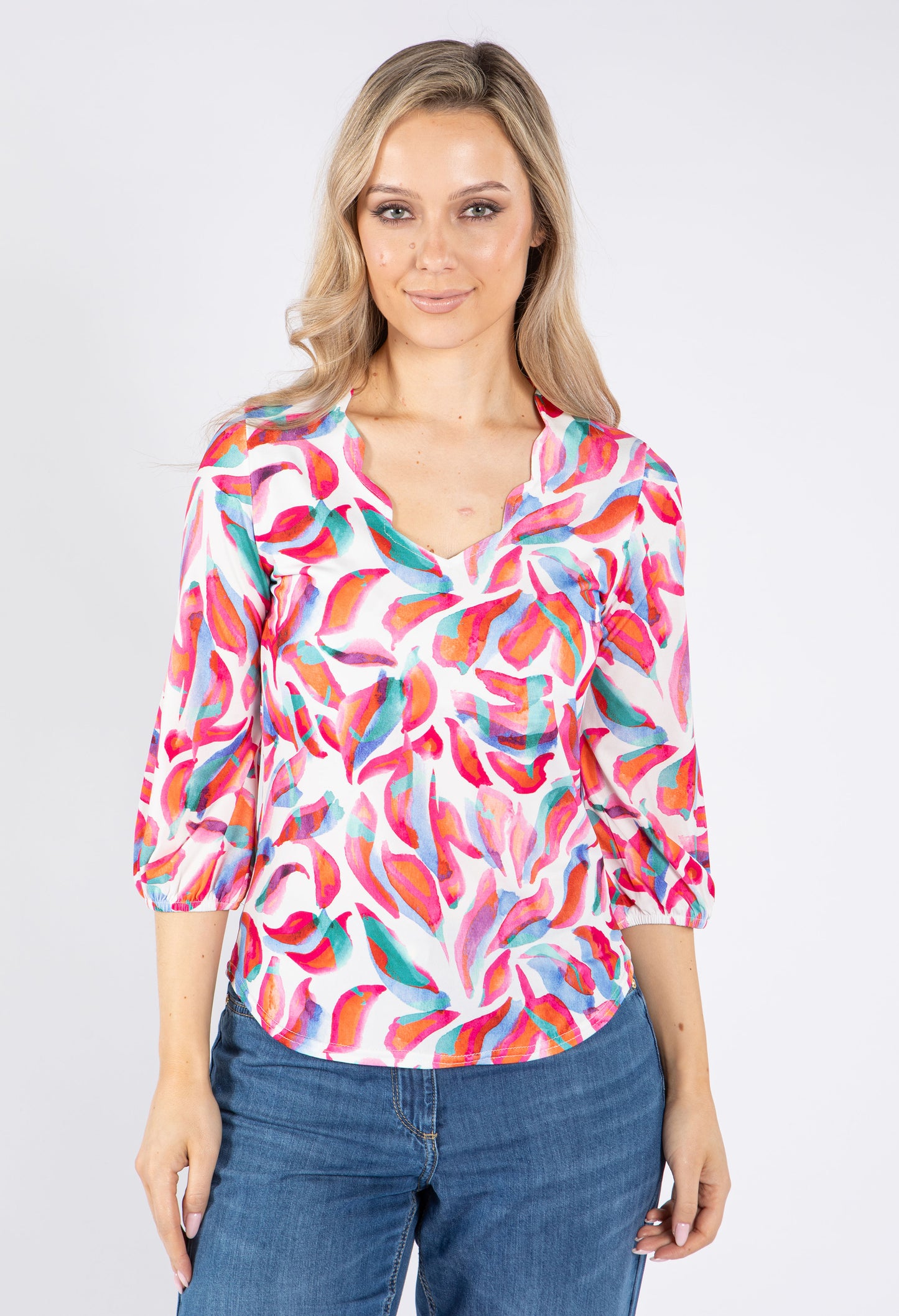 Scallop Neckline Colour Leaf Print Top