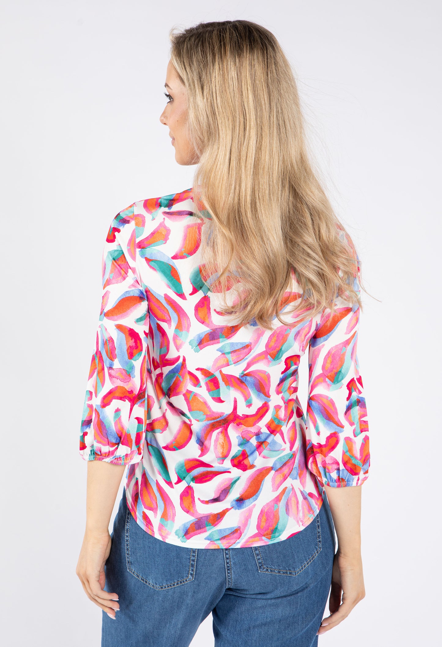 Scallop Neckline Colour Leaf Print Top