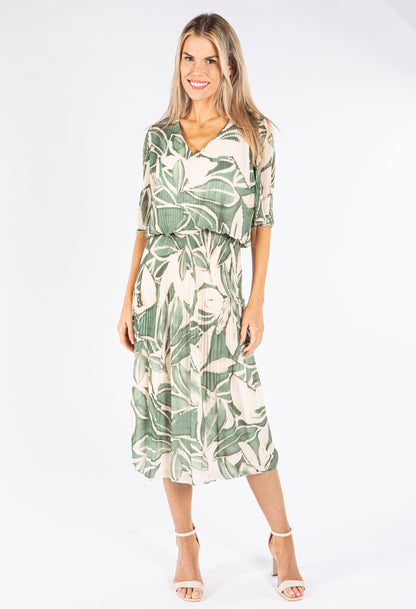 Leaf Print Plisse Pop Over Dress