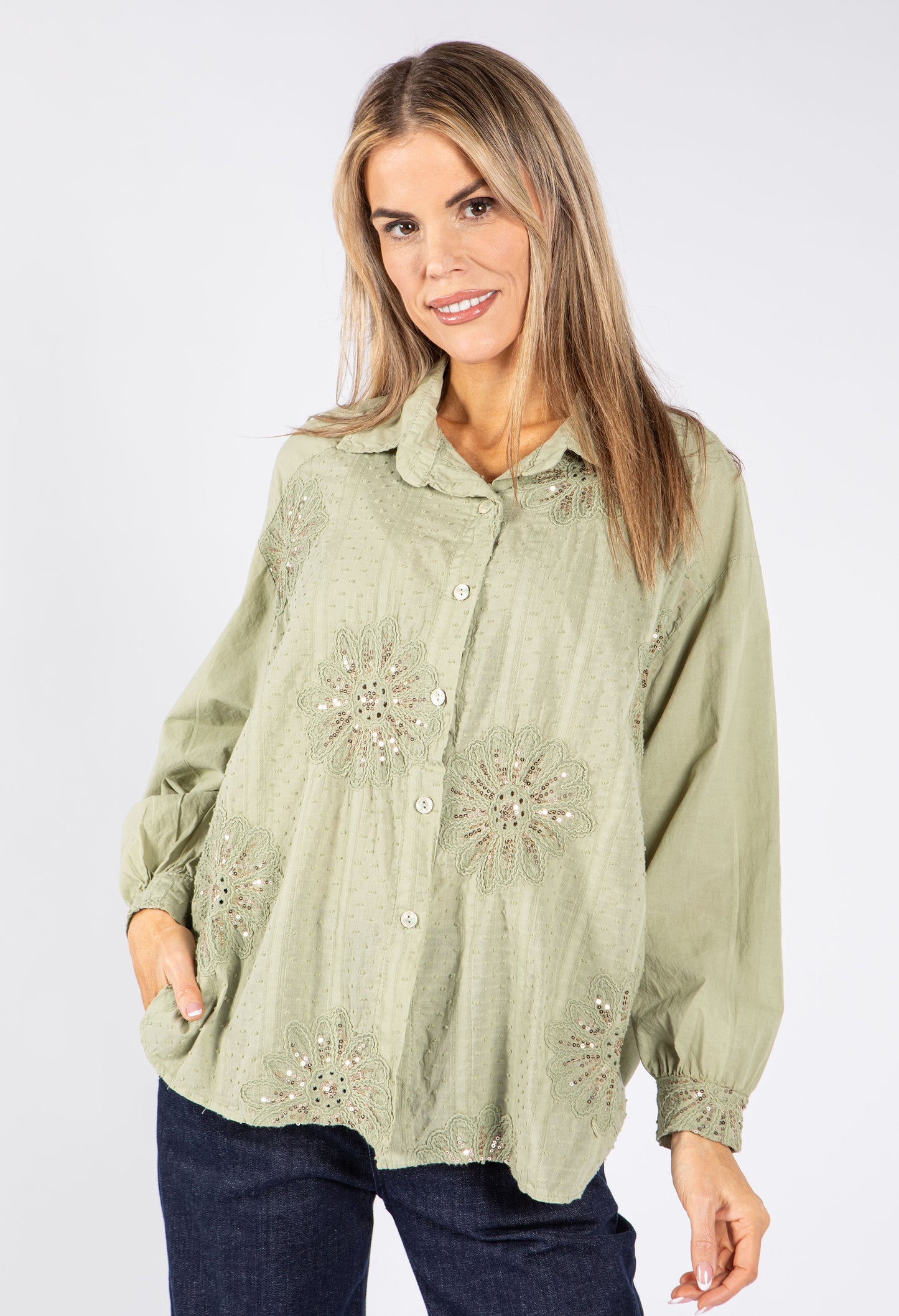 Sequin and Floral Embroidered Blouse