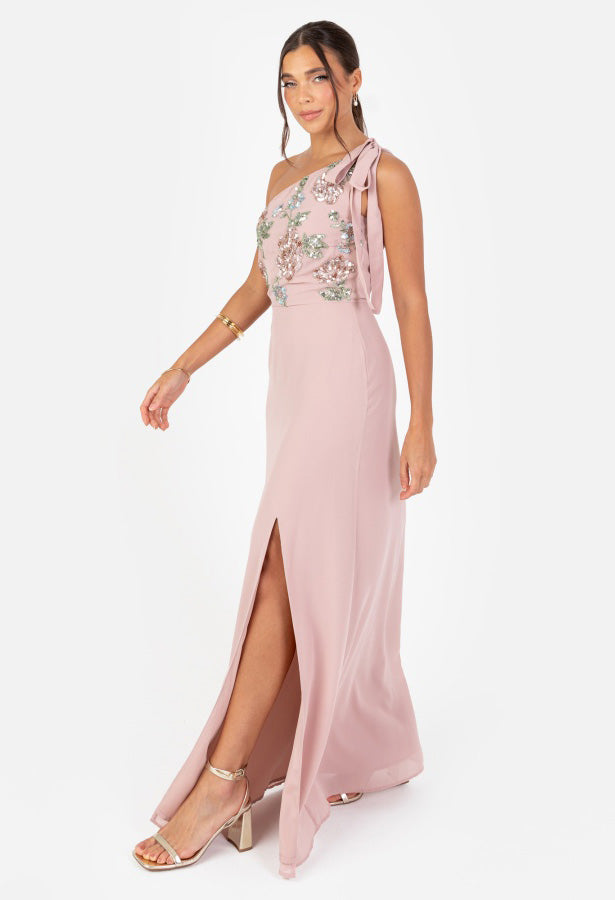 Frosted Pink Floral Embellished Self-Tie One Shoulder Maxi Dress