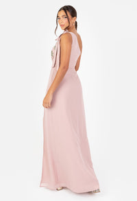 Frosted Pink Floral Embellished Self-Tie One Shoulder Maxi Dress