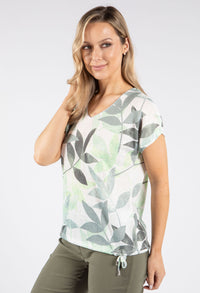 Leaf Print Silver Neckline Tie Waist Top