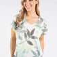 Leaf Print Silver Neckline Tie Waist Top