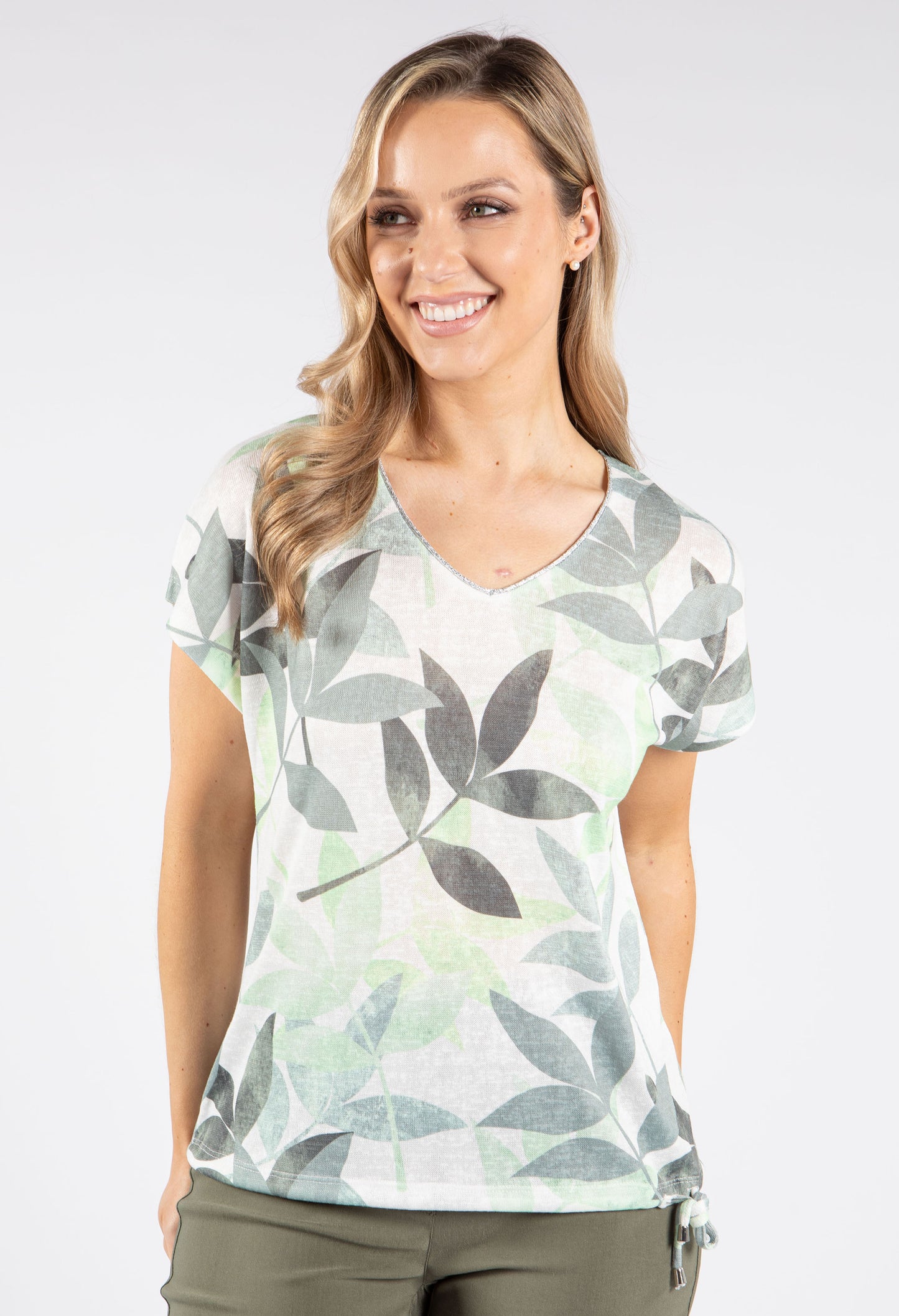 Leaf Print Silver Neckline Tie Waist Top