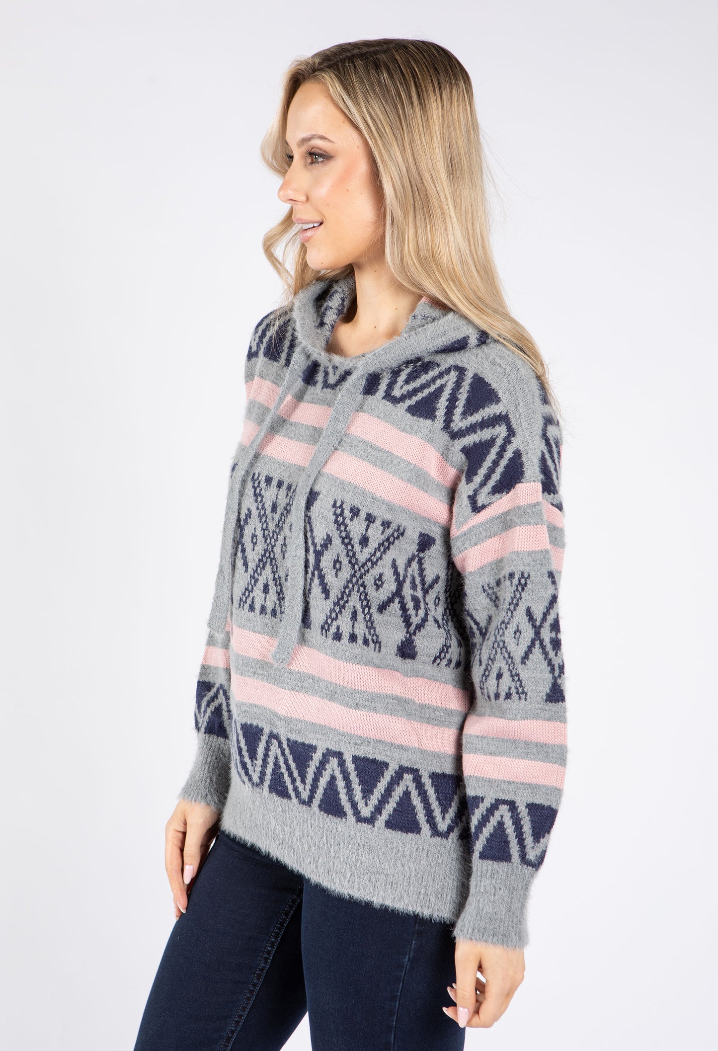 Patterned Soft Knit Hooded Pullover