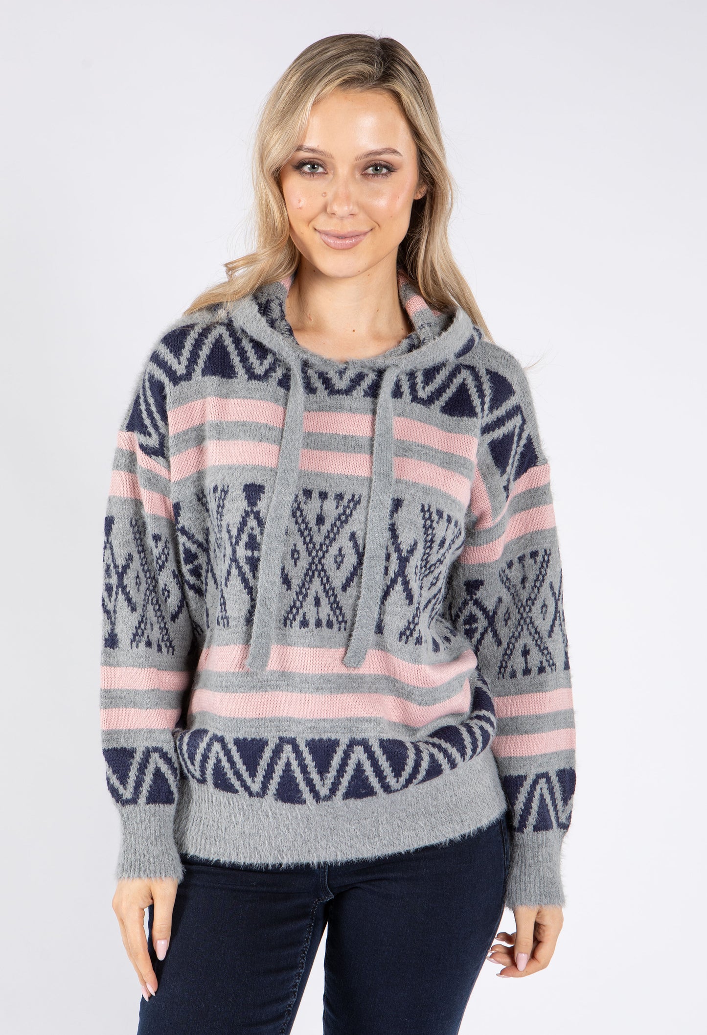 Patterned Soft Knit Hooded Pullover