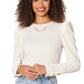 Long Sleeve Crew Neck Button Placket Knit Top with Chain Detail