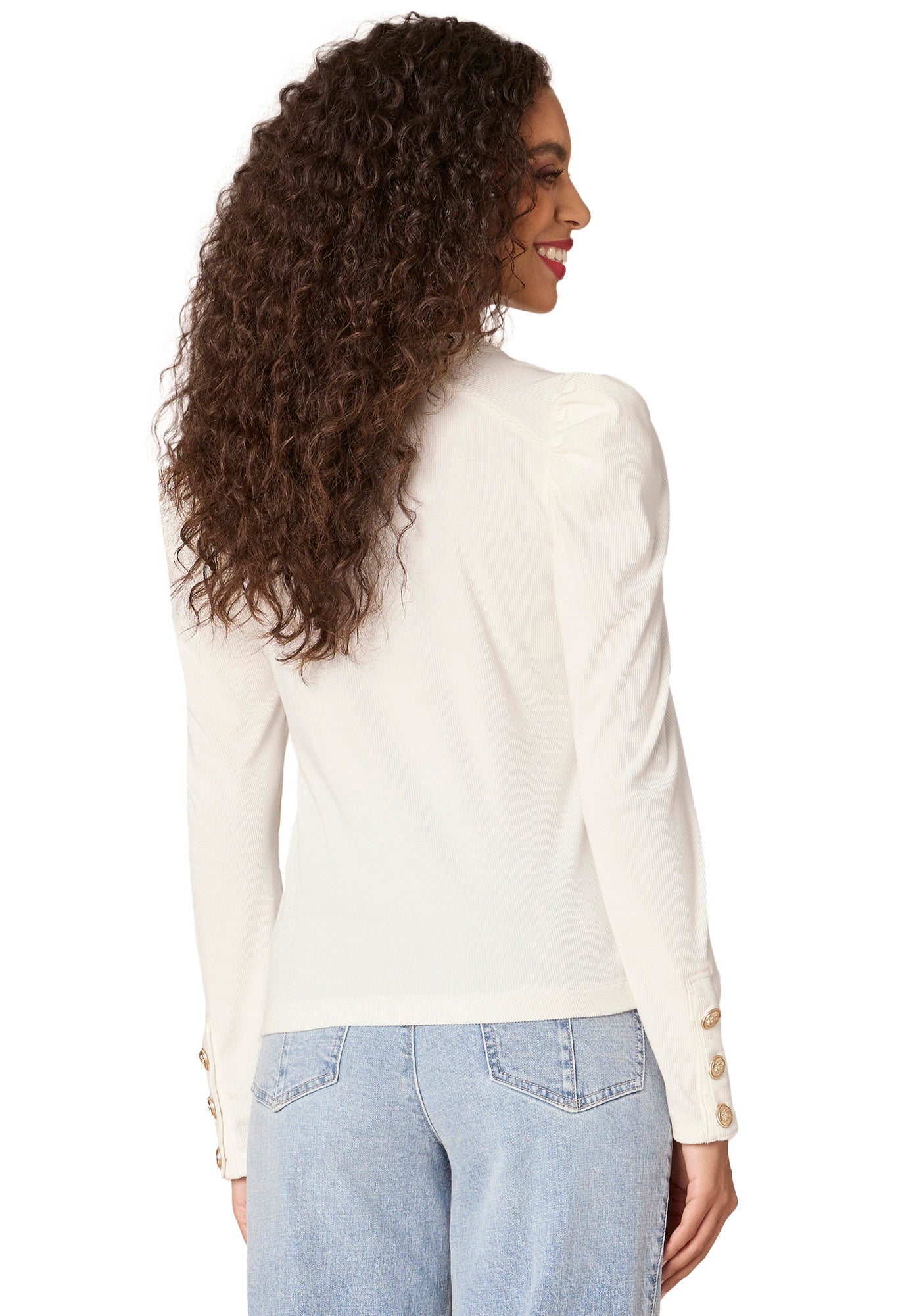 Long Sleeve Crew Neck Button Placket Knit Top with Chain Detail