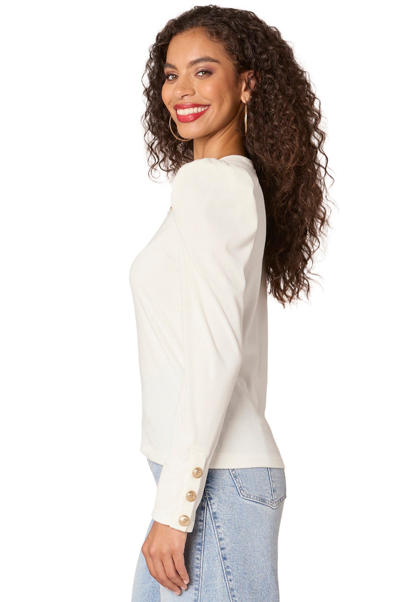 Long Sleeve Crew Neck Button Placket Knit Top with Chain Detail