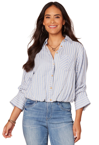 Three Quarter Tucked Sleeve Button Down Spliced Stripe Woven Shirt