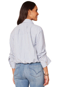 Three Quarter Tucked Sleeve Button Down Spliced Stripe Woven Shirt