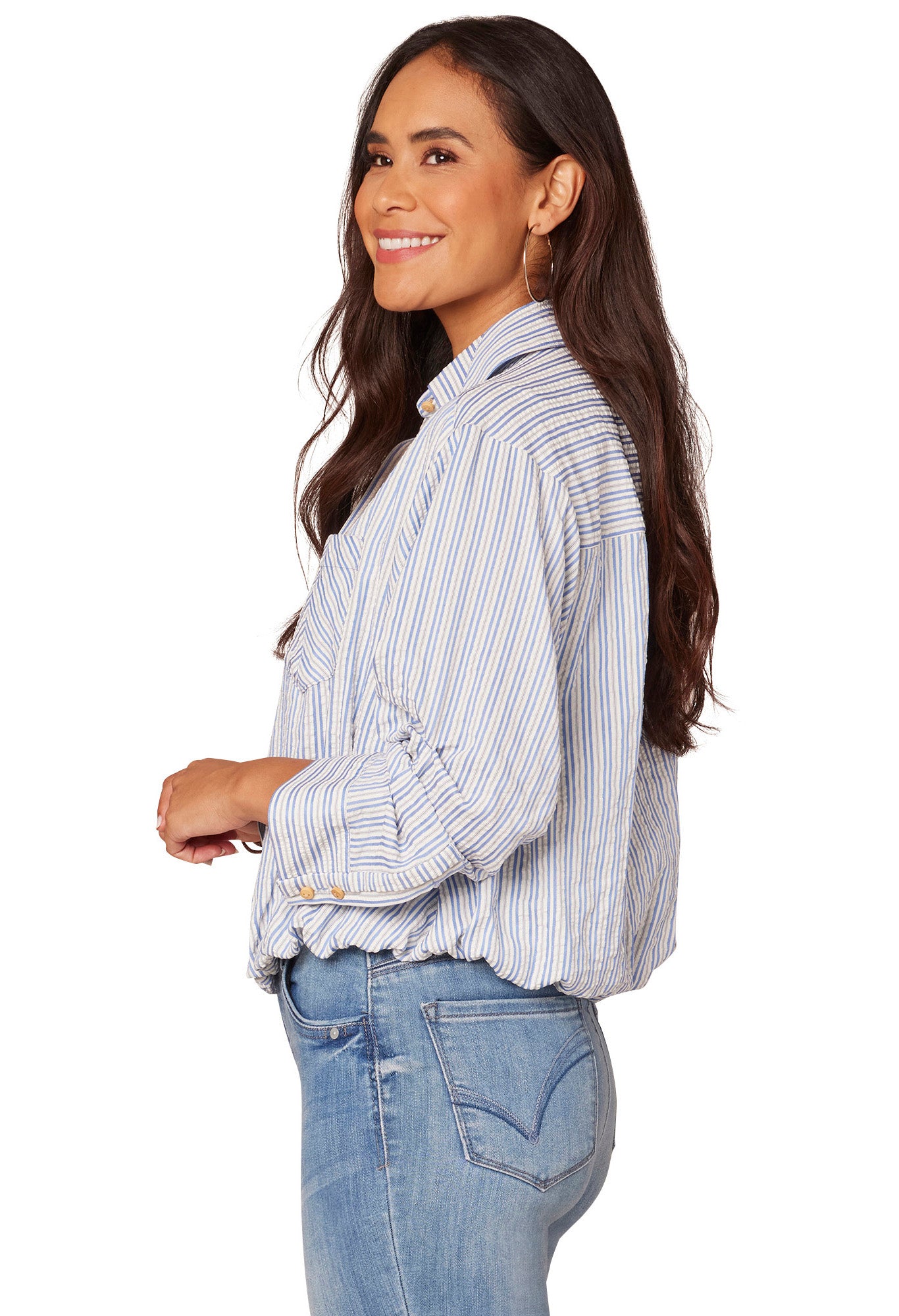 Three Quarter Tucked Sleeve Button Down Spliced Stripe Woven Shirt