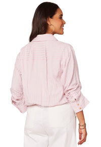 Three Quarter Tucked Sleeve Button Down Spliced Stripe Woven Shirt