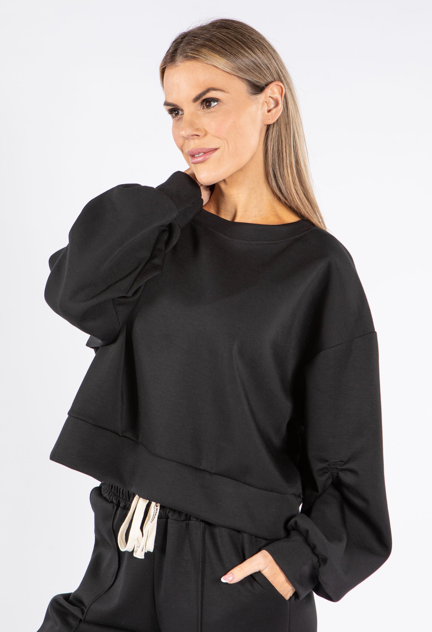 Ruched Sleeve Cropped Sweatshirt