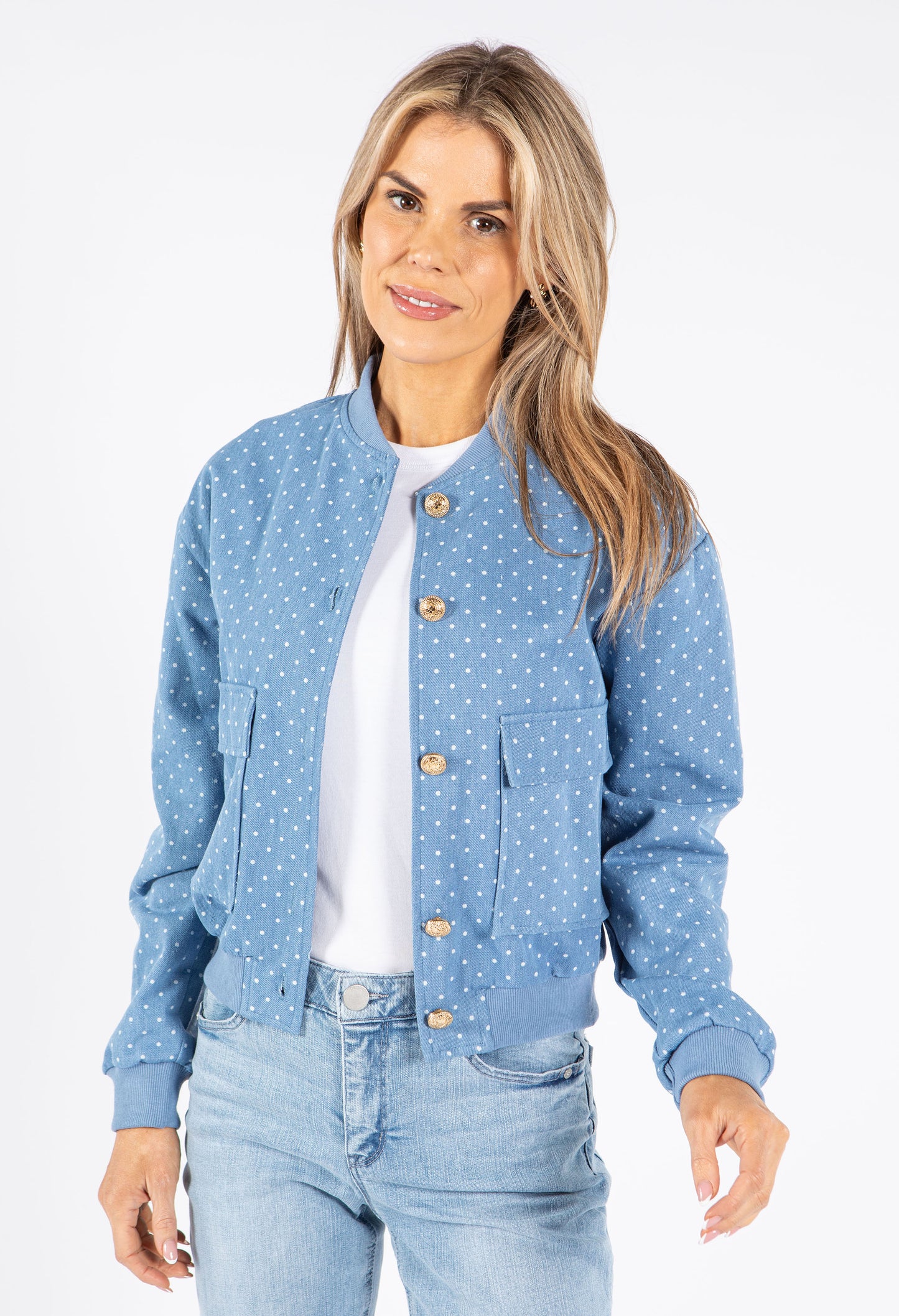 Gold Button Polka Dot Short Denim Jacket