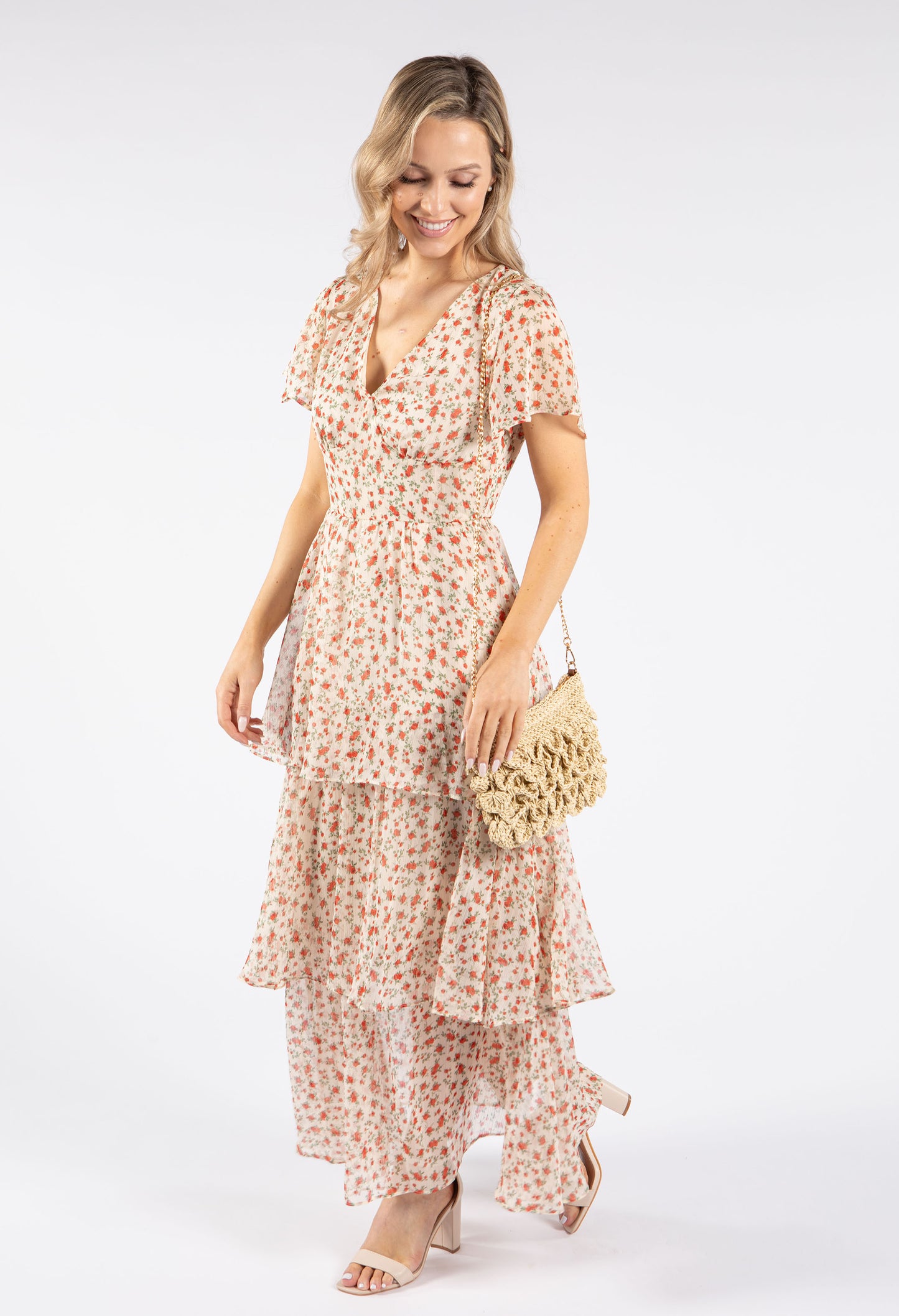 Tiered Floral Midi Tea Dress