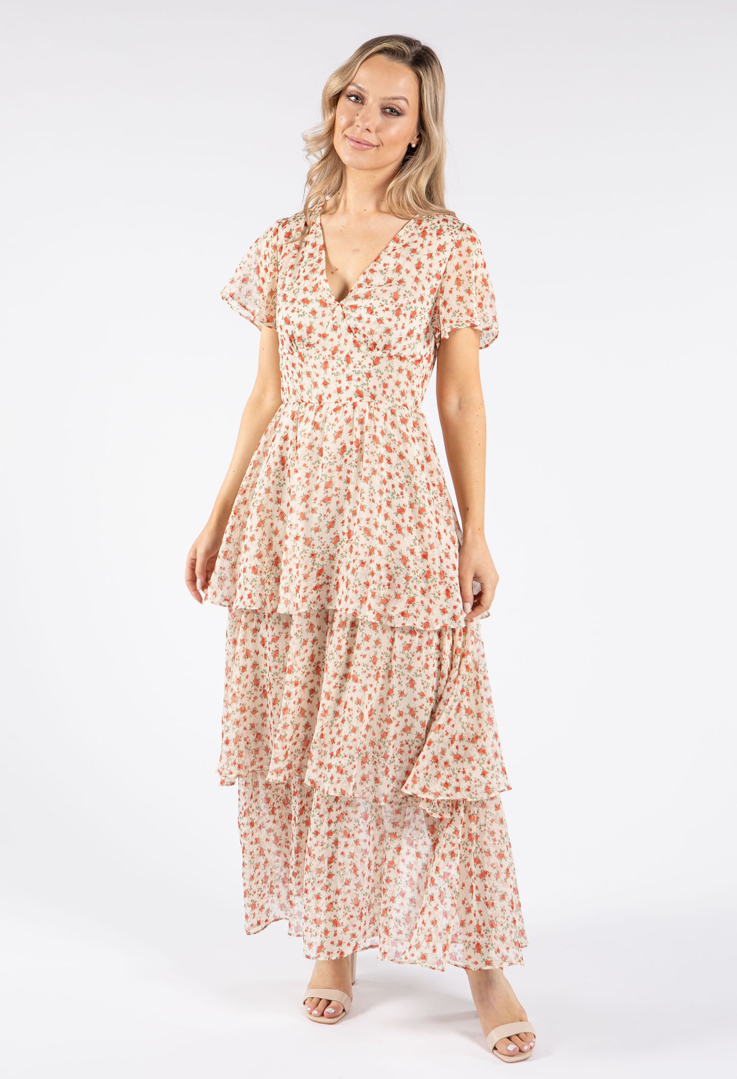 Tiered Floral Midi Tea Dress