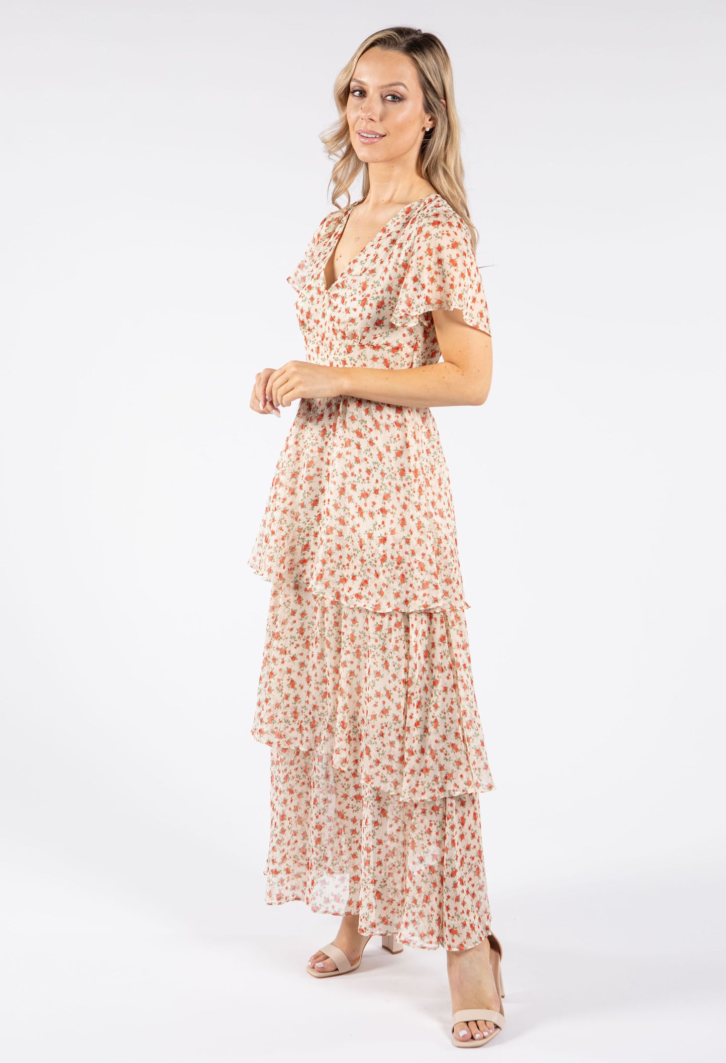 Tiered Floral Midi Tea Dress