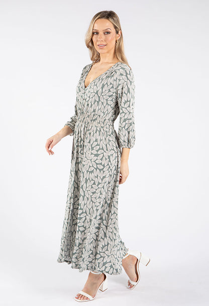 Long Sleeve Leaf Print Midi Dress