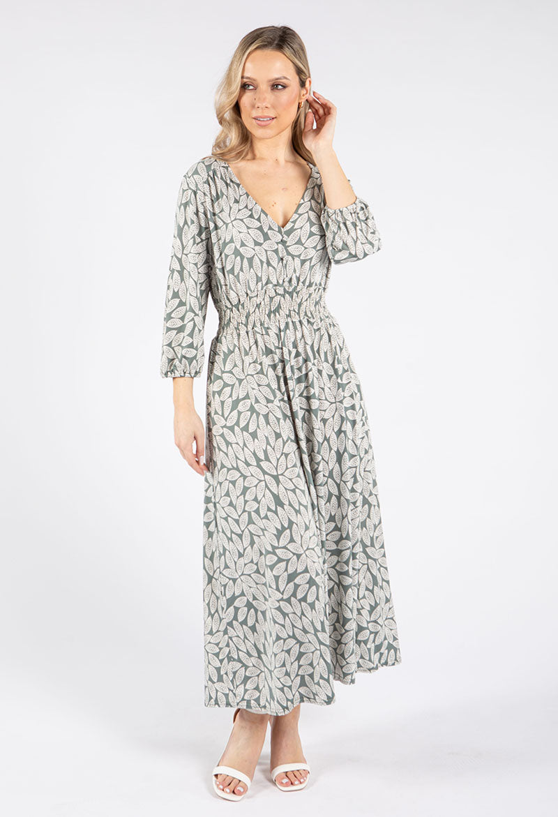 Long Sleeve Leaf Print Midi Dress