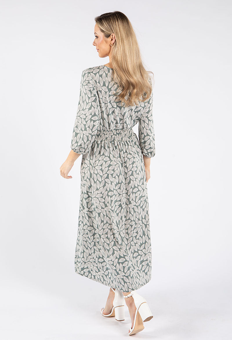 Long Sleeve Leaf Print Midi Dress