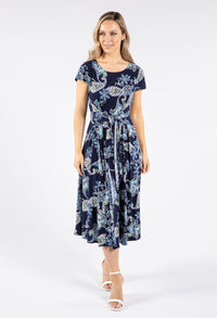 Belted Front Abstract Print Midi Dress