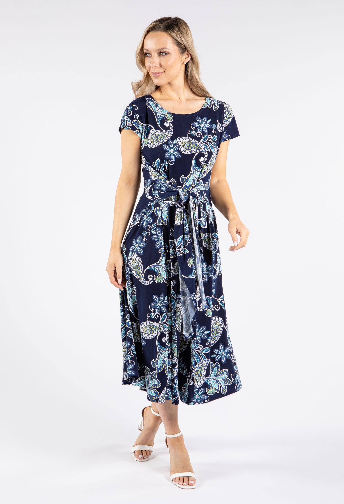 Belted Front Abstract Print Midi Dress