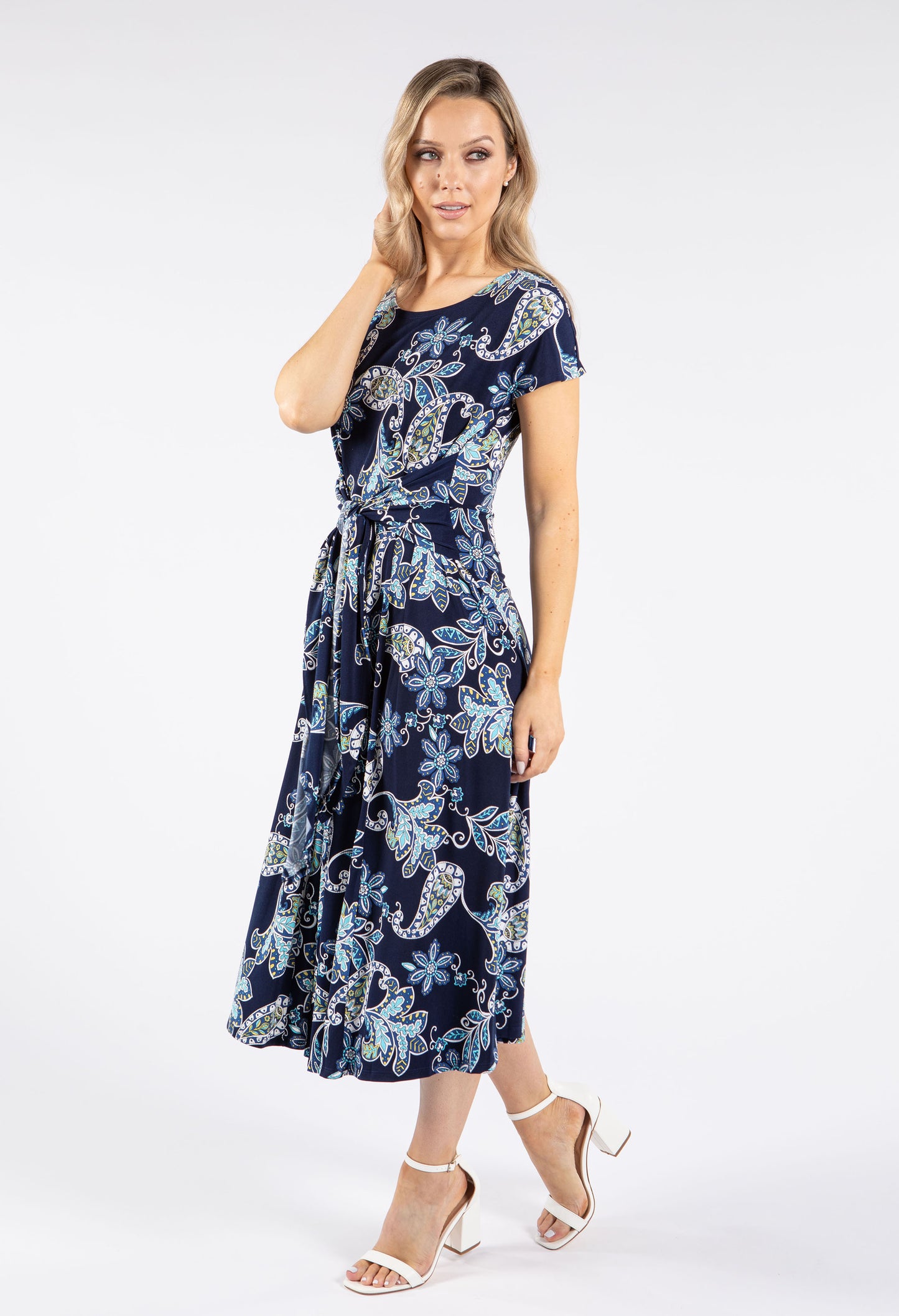 Belted Front Abstract Print Midi Dress