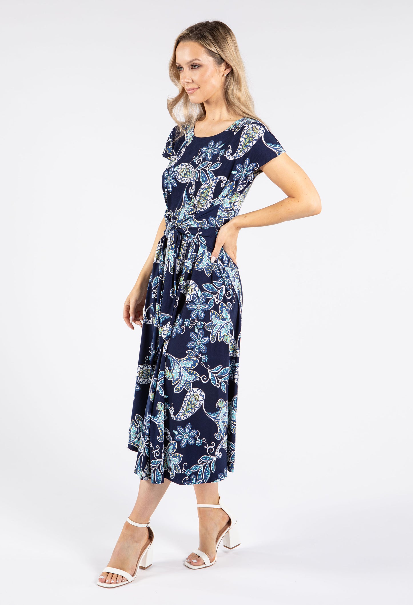 Belted Front Abstract Print Midi Dress