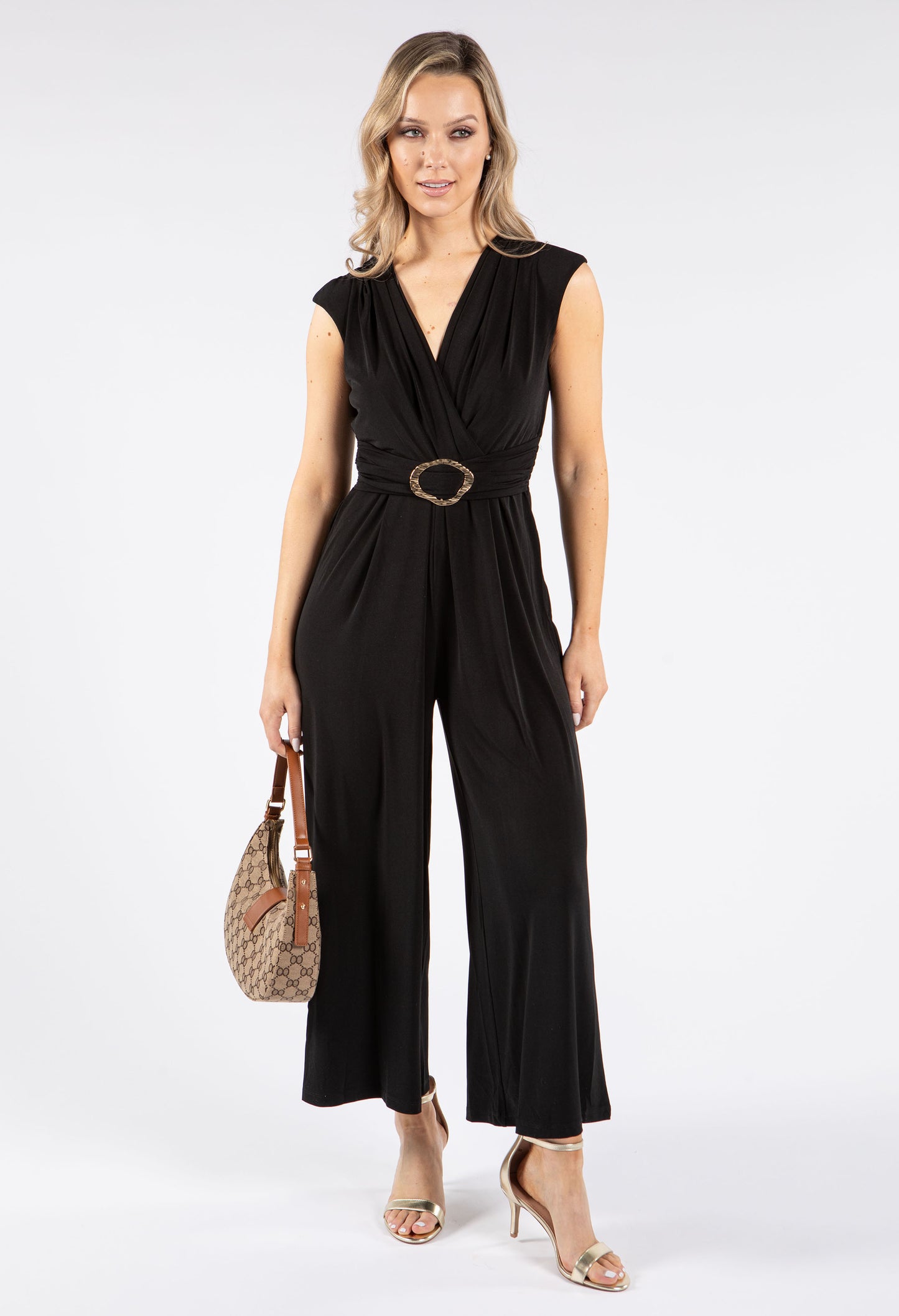 Gold Buckle Detail V Neck Jumpsuit