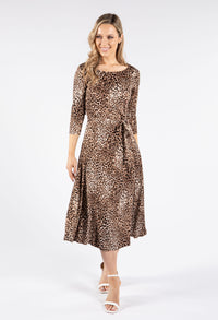 Mini Leopard Print Tie Waist Round Neckline Dress