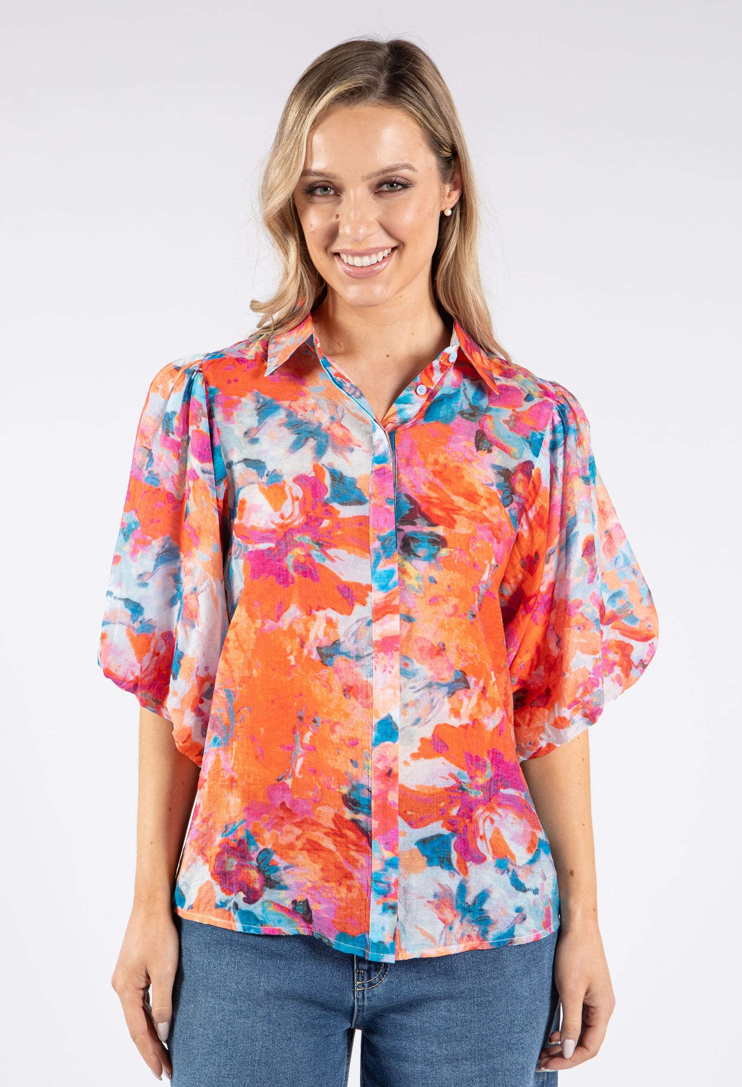 Printed Balloon Sleeve Blouse