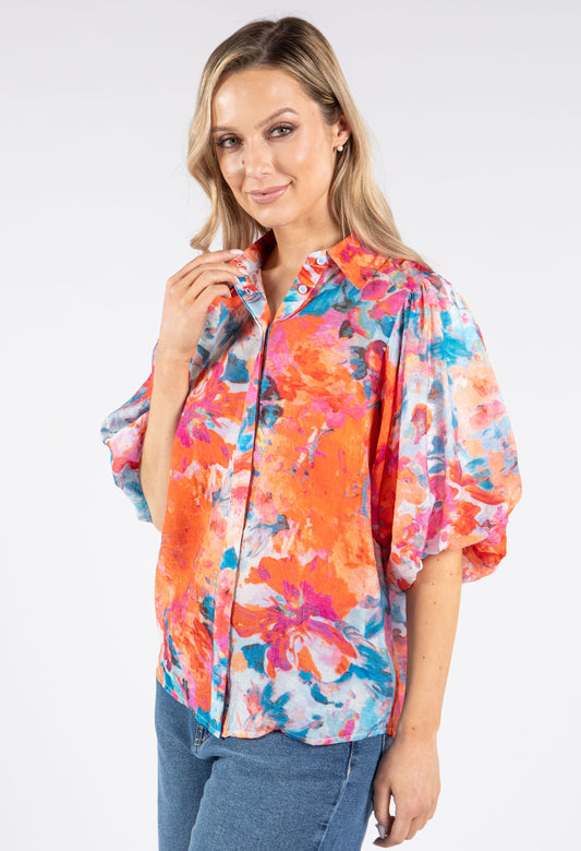 Printed Balloon Sleeve Blouse