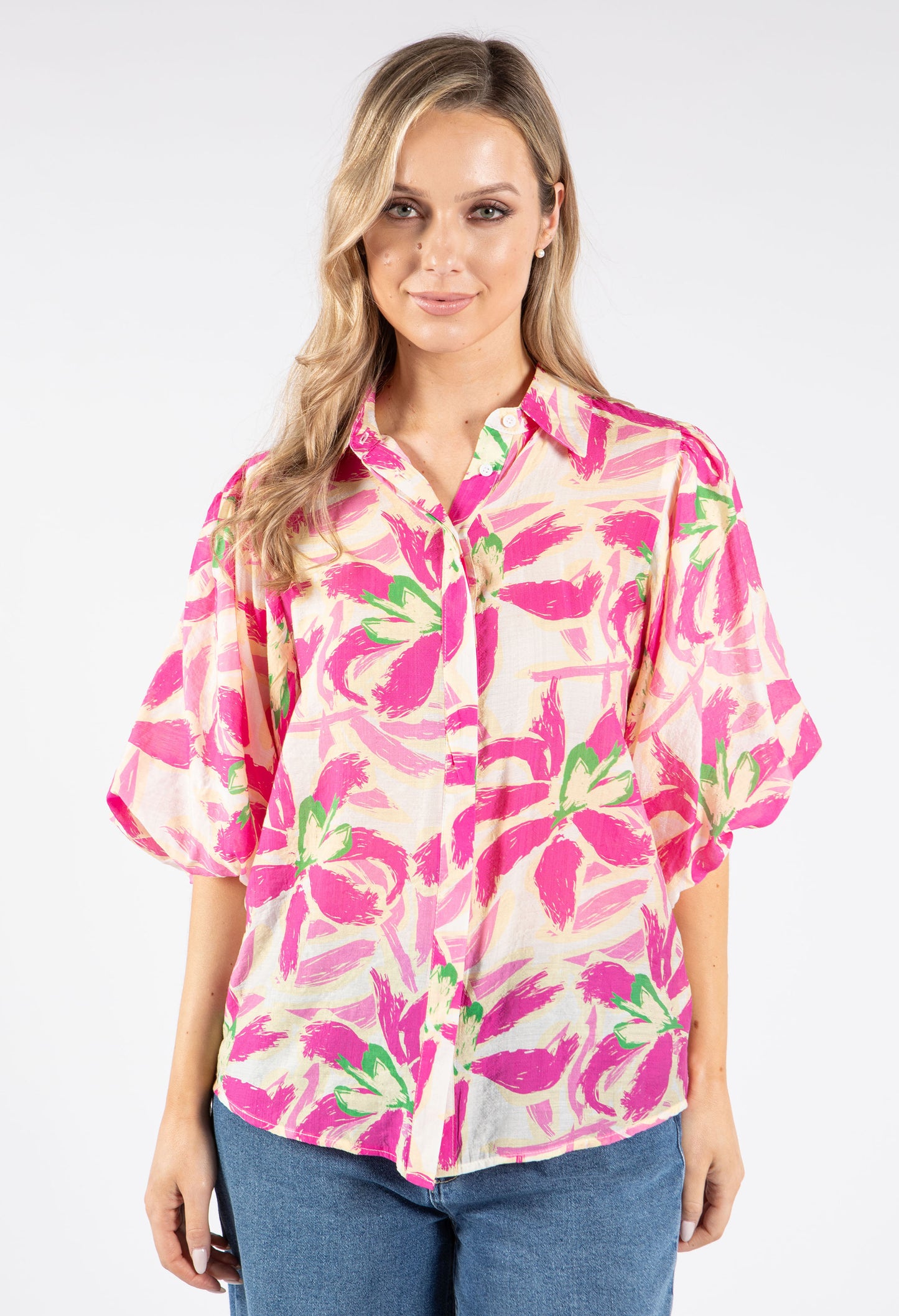 Printed Balloon Sleeve Blouse