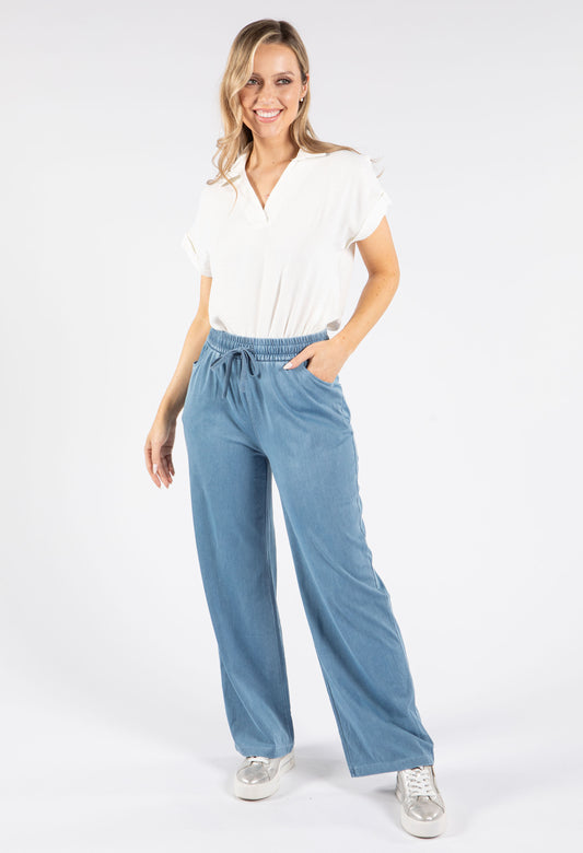 Drawstring Waist Wide Leg Denim Trousers