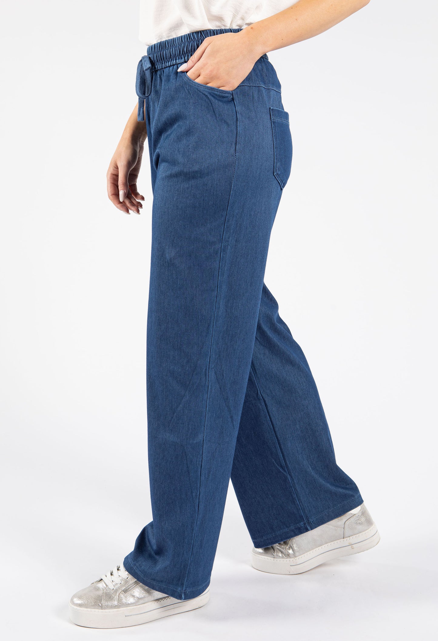 Drawstring Waist Wide Leg Denim Trousers