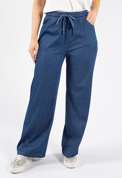 Drawstring Waist Wide Leg Denim Trousers