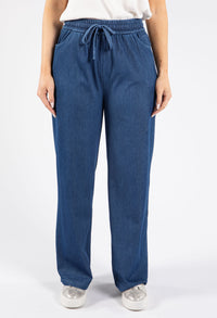 Drawstring Waist Wide Leg Denim Trousers