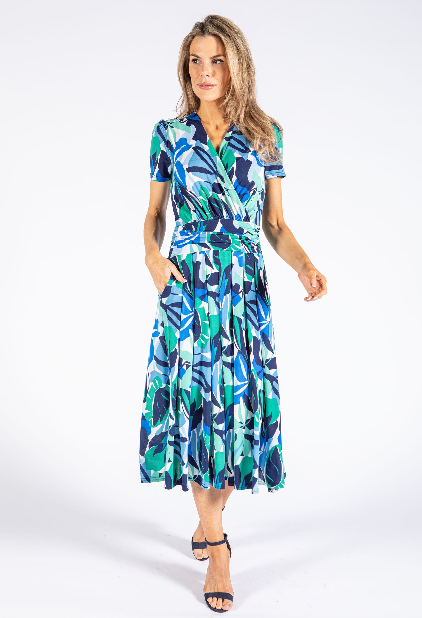 Leaf Print Wrap Bodice Dress