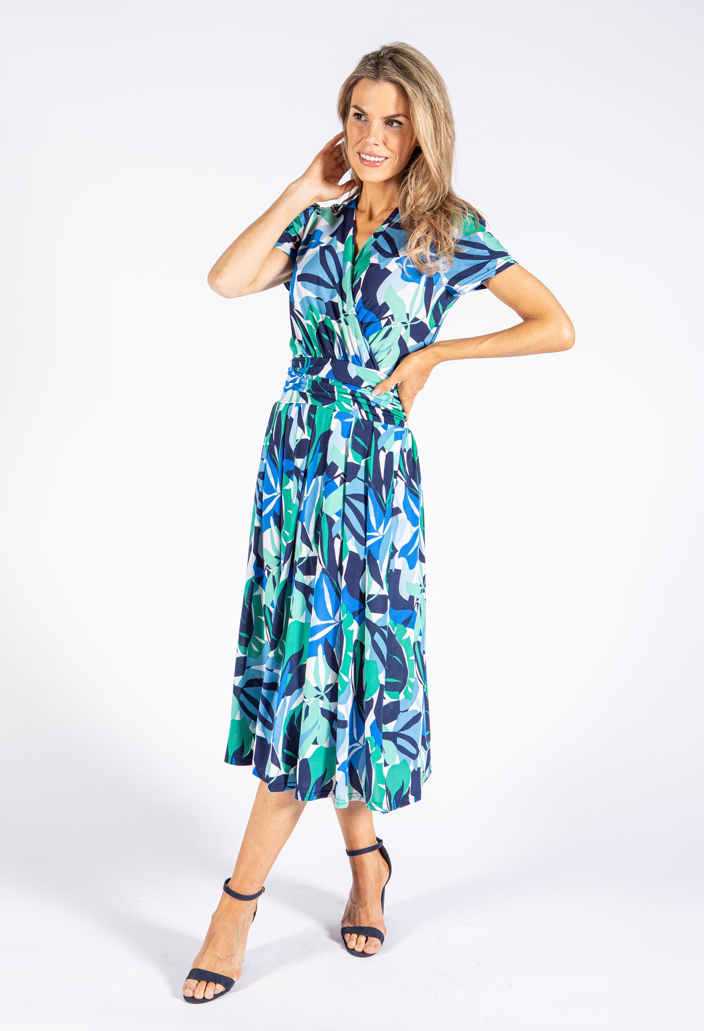 Leaf Print Wrap Bodice Dress