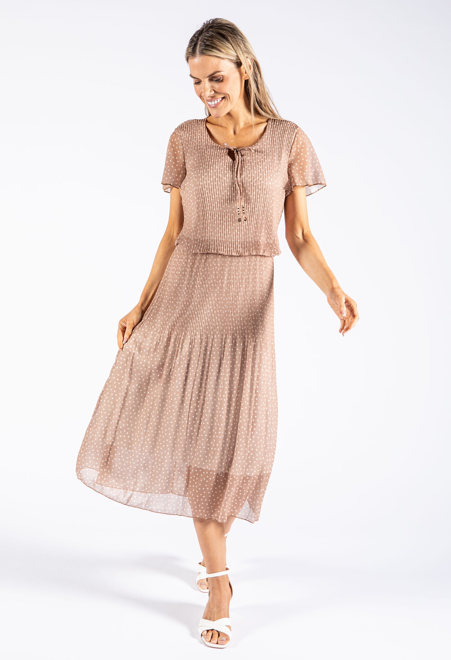 Tie Neck Polka Dot Plisse Dress