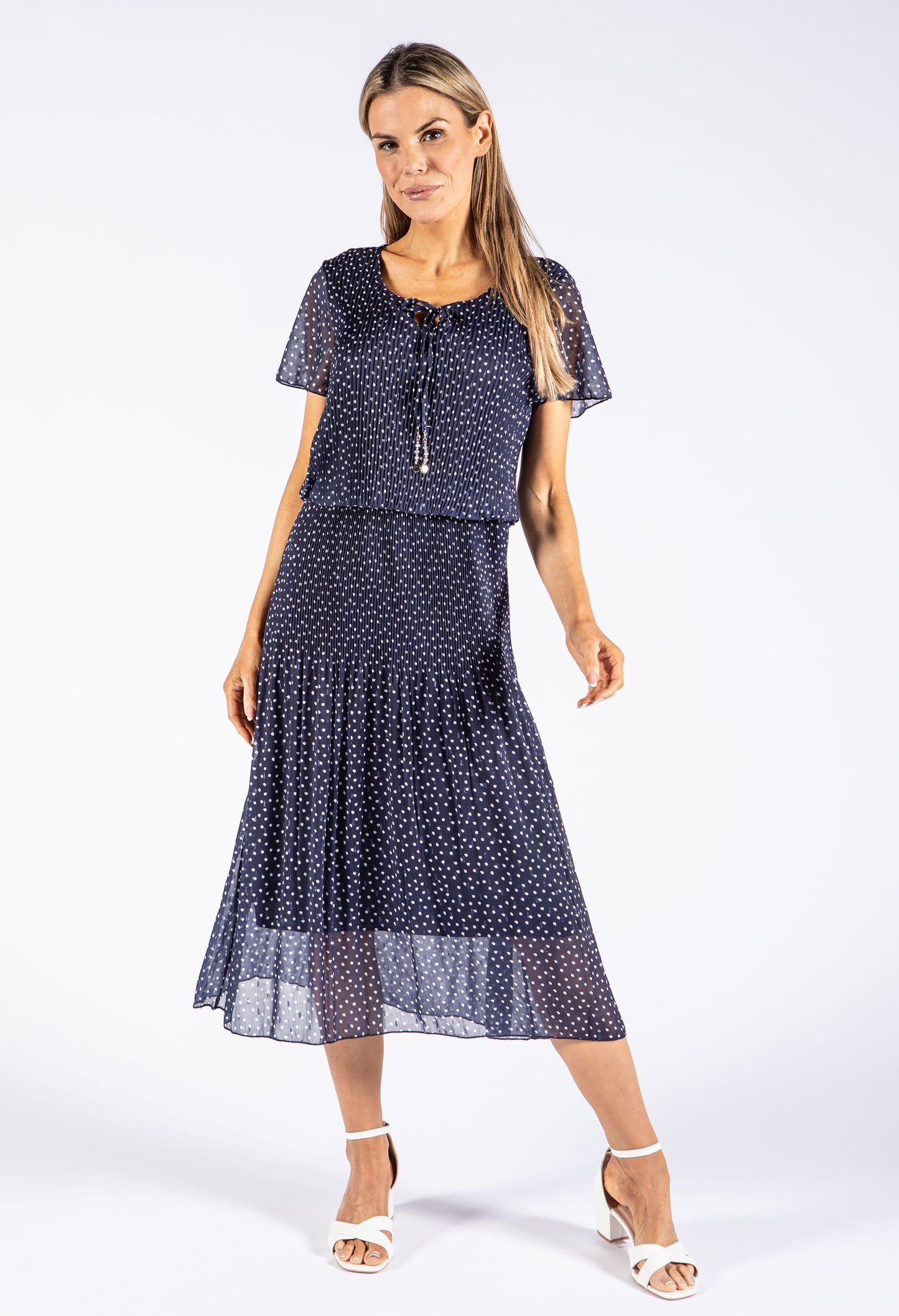 Tie Neck Polka Dot Plisse Dress