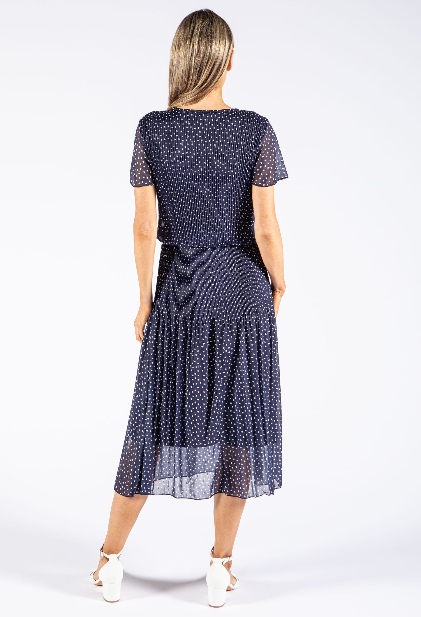 Tie Neck Polka Dot Plisse Dress