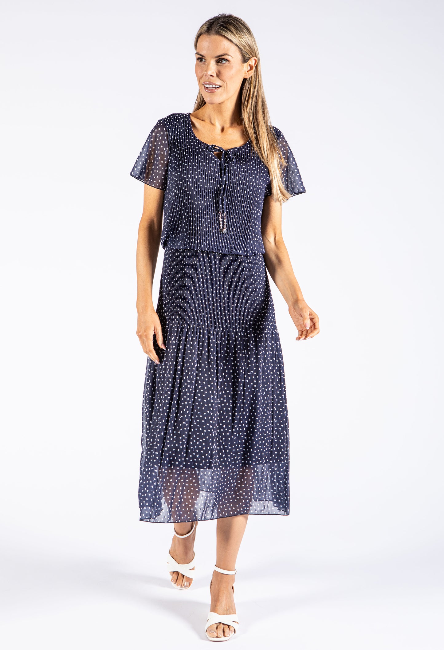 Tie Neck Polka Dot Plisse Dress