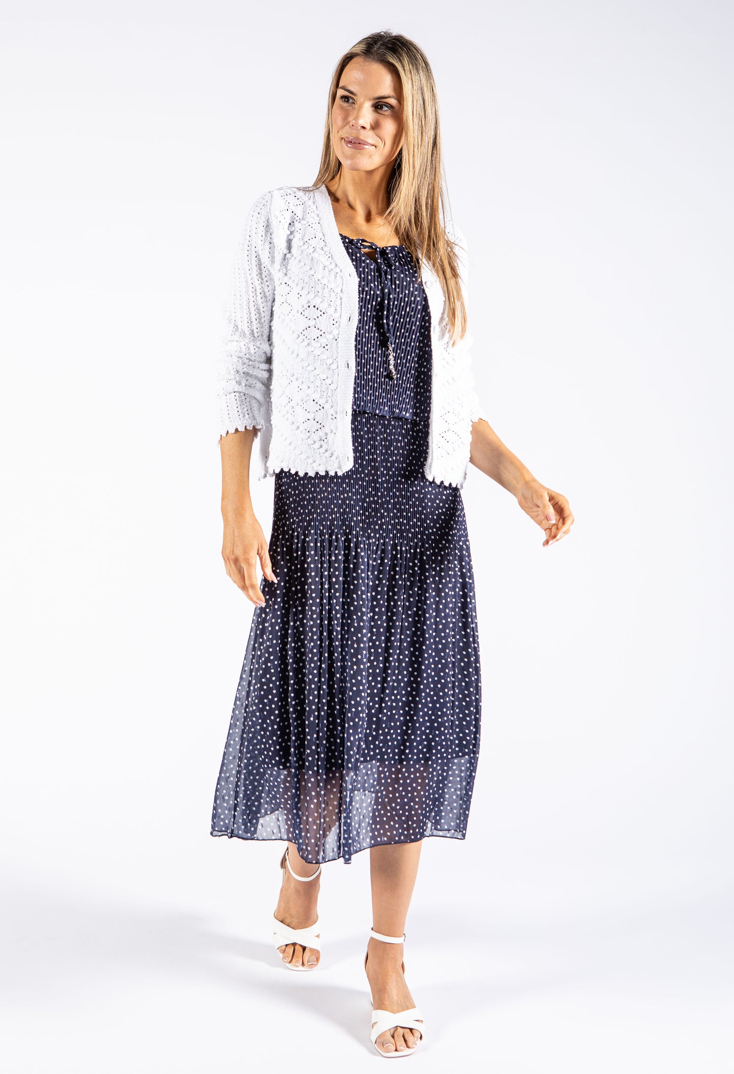 Tie Neck Polka Dot Plisse Dress