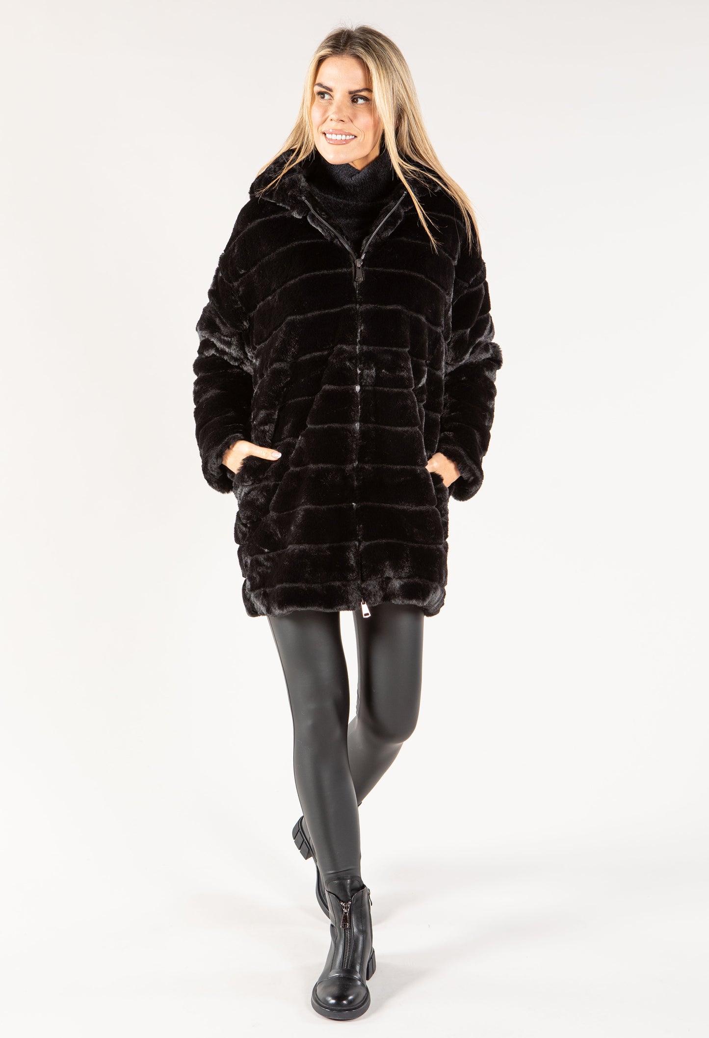 Longline Hooded Faux Fur Coat