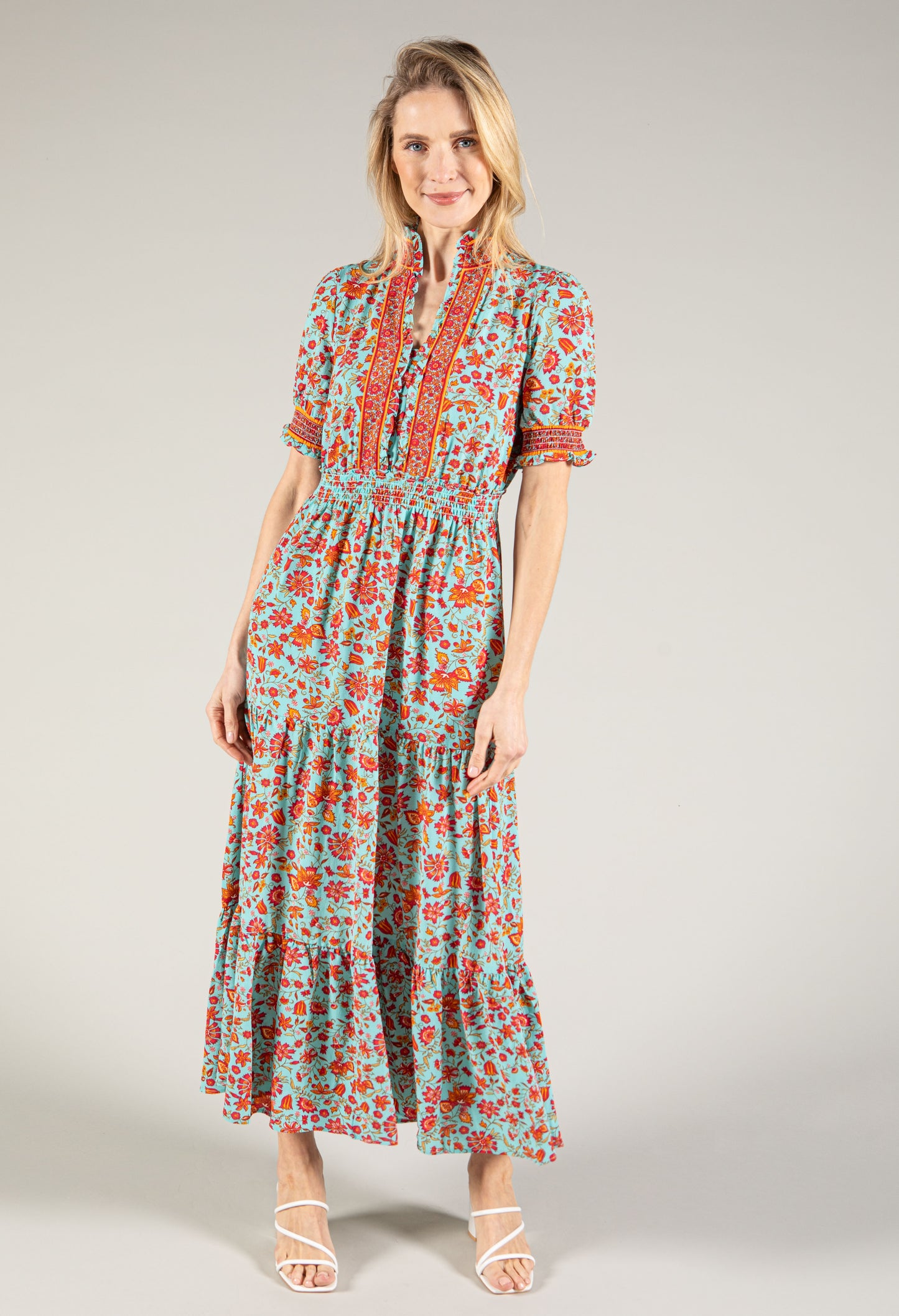 Ruffle Neckline Floral Maxi Dress