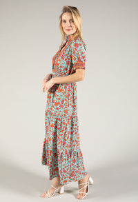 Ruffle Neckline Floral Maxi Dress